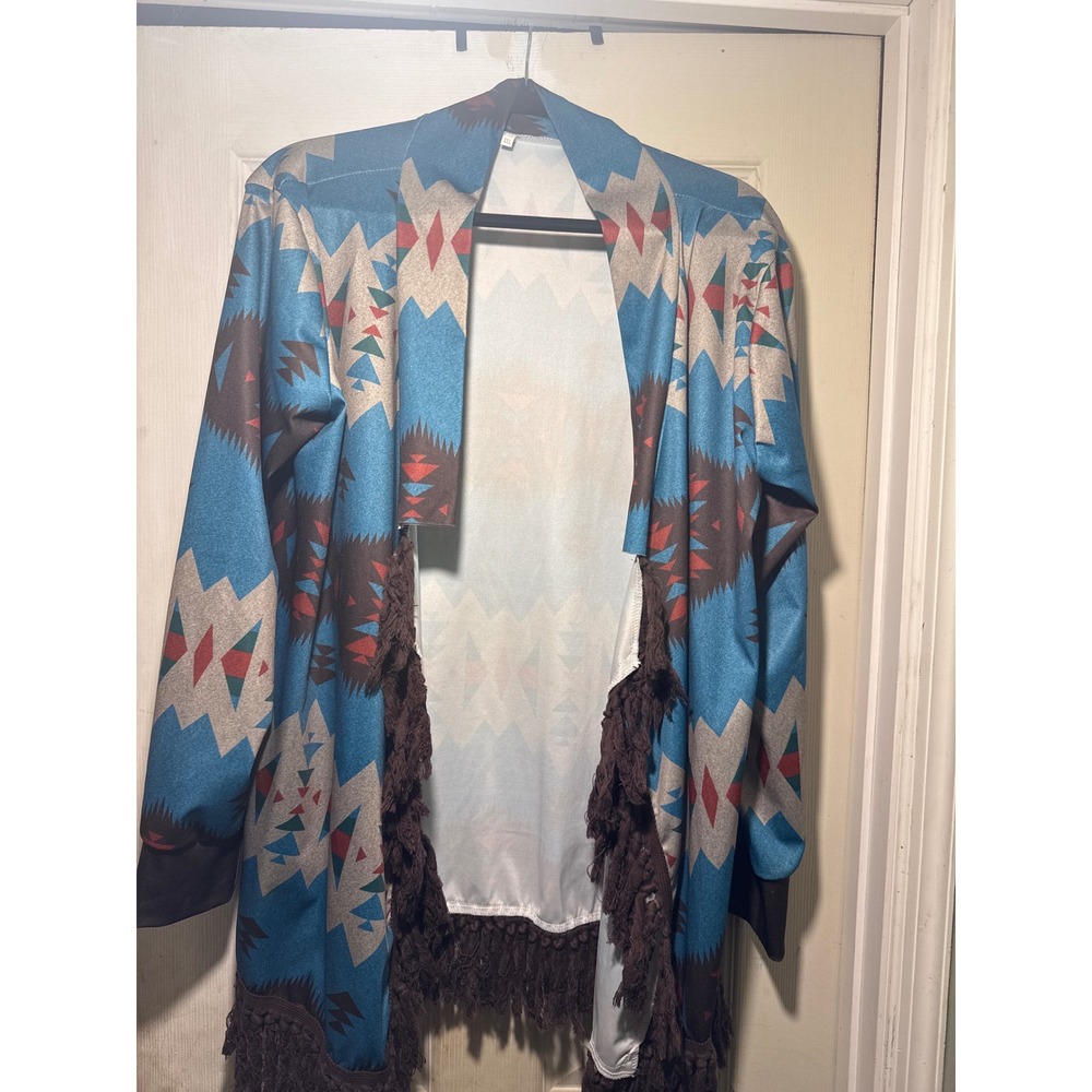 Southwestern Aztec Print Fringe Open‎ Front Cardigan Blue XXL Boho Geometric